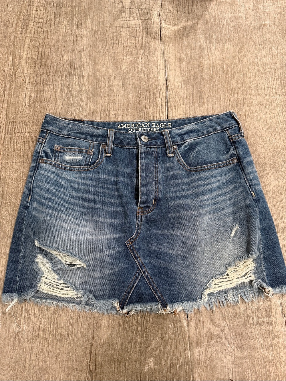 American Eagle Outfitters Distressed Dark Blue Denim Mini Skirt